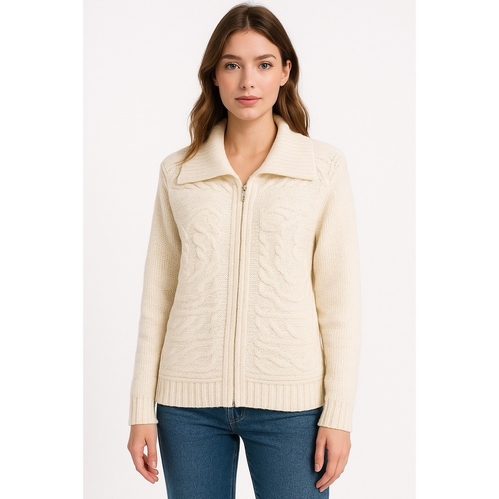 St. John's Bay Women Petite L Cable Knit Zip Up Cardigan Sweater Collared Cream